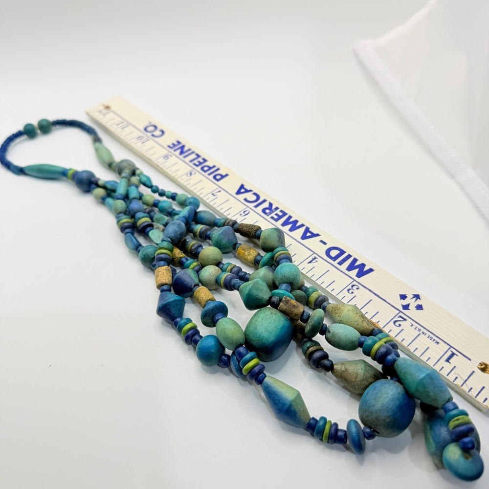 Vintage Multi Strand Wood Bead Necklace Blue Green Teal Boho Geometric Statement - Picture 6 of 16